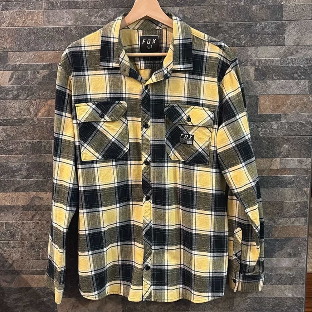 Fox Adult Mens Flannel Shirt Lrg Black Yellow Plaid Button Up Flap Pockets Logo